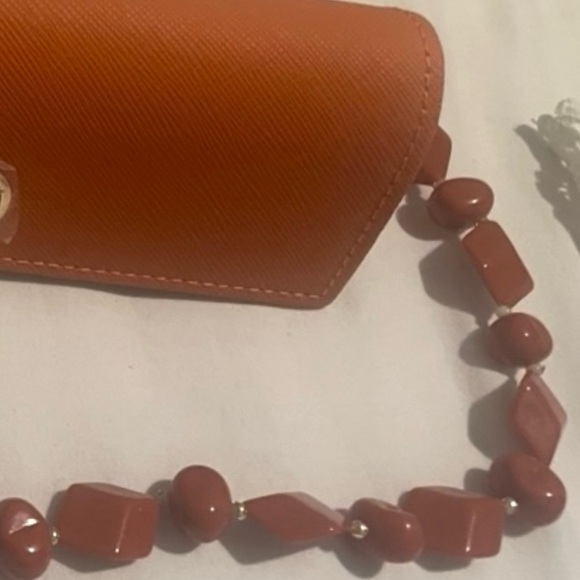 Tory Burch Eyeglass Case Caramel Burnt Orange, Butterscotch Bakelite, & Bird Pin - Picture 7 of 12